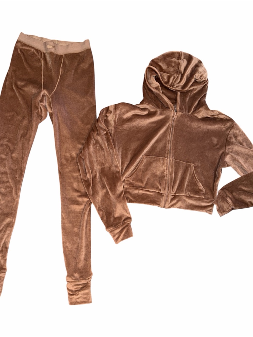 SKIMS Velvet Two-Piece Leggings & Cropped Hoodie Set in Brown